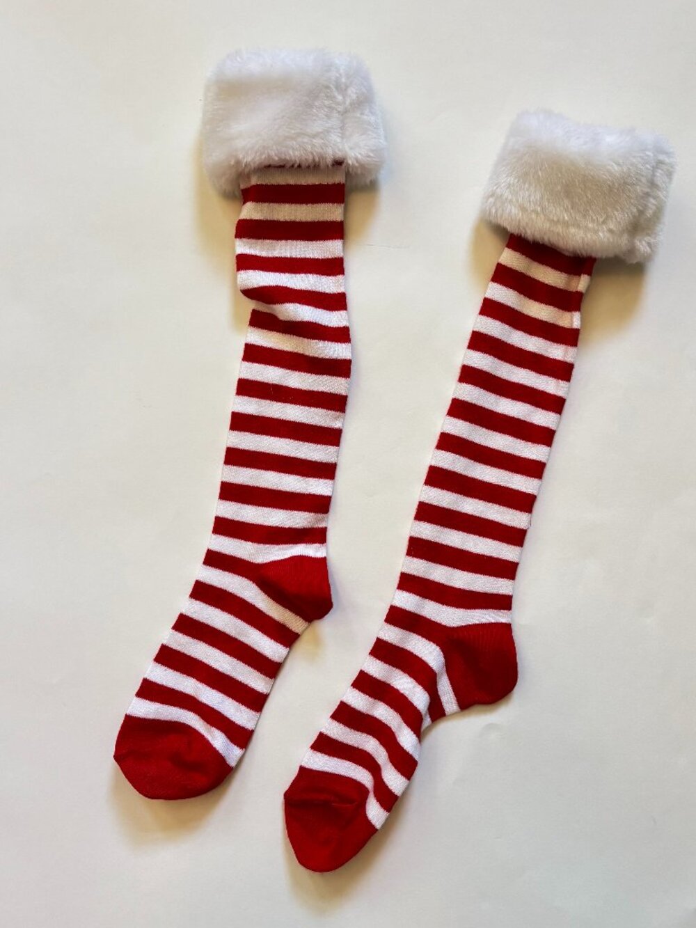 Unbranded Christmas Elf Socks Red White Striped Faux Fur Cuff OS